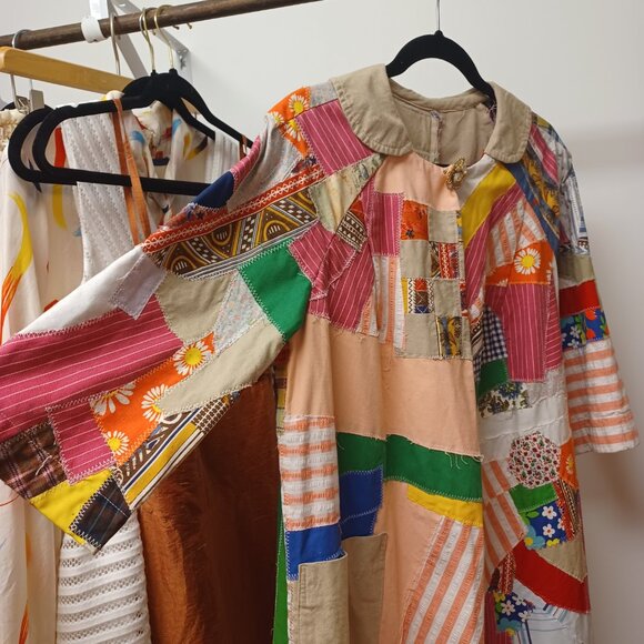 Whimsical Vintage 70s Patchwork Long Jacket XL - Picture 6 of 16